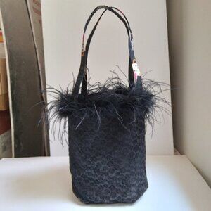 Ostrich Feather Topped Reversible Bag with Handbag Graphic & Black Rose Velvet
